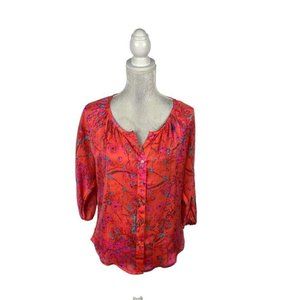 Willi Smith Coral Floral Button Up Blouse 3/4 Sleeve Elastic Cuffs Bright S